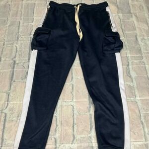 Mens Cargo Jogger Pants‎ Black White Stripe Zipper Pockets Drawstring